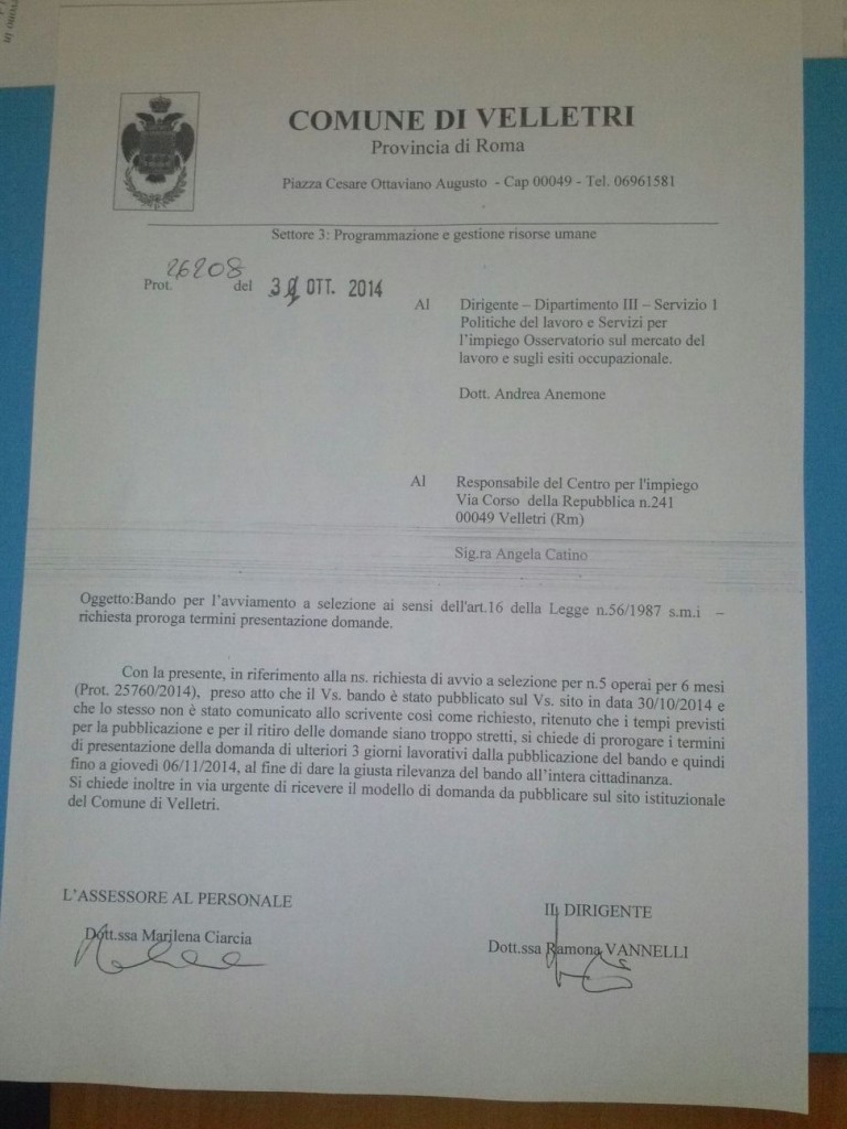 Prorogata la scadenza del bando per l’assunzione di operai al Comune di Velletri